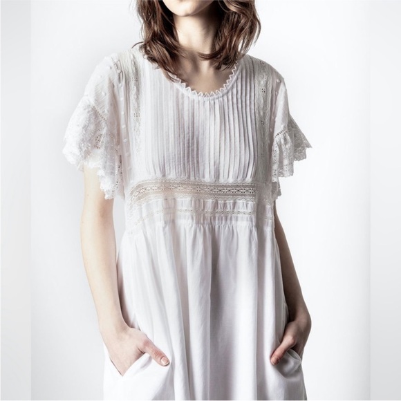Zadig & Voltaire Roll Cotton White Lace Mini Dress with Pockets Size Small‎ - Picture 2 of 12